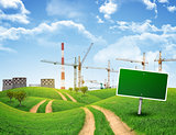 Industrial zone, green hills and road with empty roadsign against sky