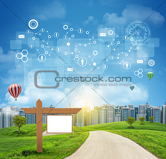 Buildings, green hills and road with wooden signboard. Virtual elements on the sky