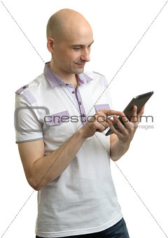 Happy man using digital tablet