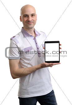 Casual Young Man Holding a Digital Tablet