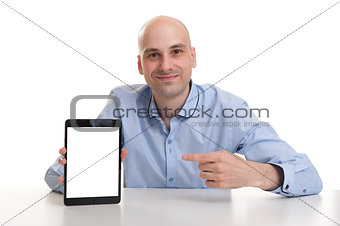 Smiling man presenting website on tablet