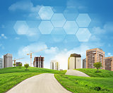 Buildings, construction site, green hills, road and transparent hexagons