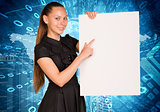 Beautiful businesswoman in dress holding empty paper sheet. World map with figures as backdrop