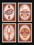 set of vector postage stamps with glass of beer, keg, lobster