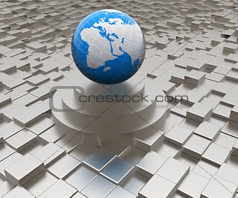 Earth on podium against abstract urban background 