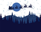 Silhouette Illustration of Flying Santa and Christmas Reindeer 
