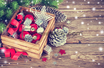 Christmas red balls in wooden box
