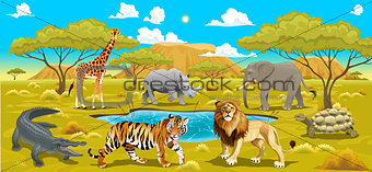 African landscape with animals. 