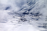 Top view on ski resort at mist