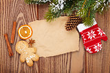 Christmas food and decor with snow fir tree background