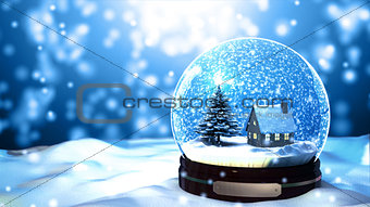 Christmas Snow globe Snowflake with Snowfall on Blue Background