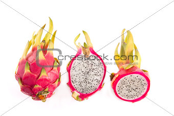 Set of dragon fruits, whole and cut in half  