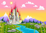 Fantasy mountain landscape with medieval castle