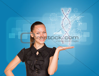 Beautiful businesswoman in dress smiling and holding model of DNA