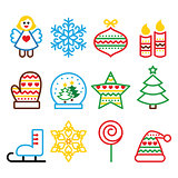 Christmas colored icons with stroke - Xmas tree, angel, snowflake