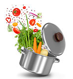 fresh vegetables flying in a pot on an isolated white background