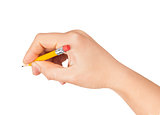 Woman hand with a short pencil on a white background
