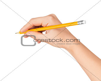 woman's hand draws a pencil on white isolation