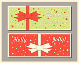 Vintage Christmas holiday greeting cards set with bows. Happy holidays set of tags and bookmarks. Vector illustration