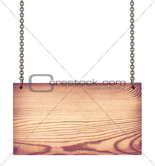 wooden sign on a chain on an isolated white background