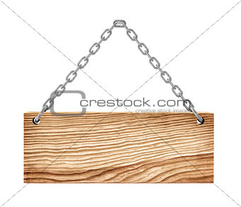 wooden sign on the chain isolated on white background