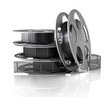 Film reel and twisted cinema tape isolated on white background, illustration.