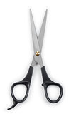 Image of scissors with black plastic handle on white background