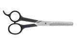 Image of scissors with black plastic handle on white background