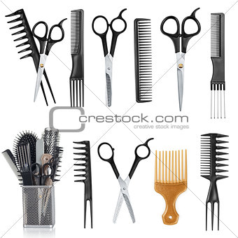 Comb and scissors collection isolated on the white background