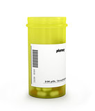 Prescription pill bottle spilling pills on to surface isolated on a white background.