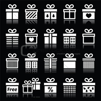 Present, gift box white icons on black