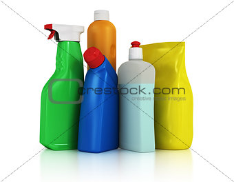 Plastic detergent bottles on white background. Cleaning products. 3d