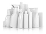 detergent bottles and chemical cleaning supplies isolated on whi