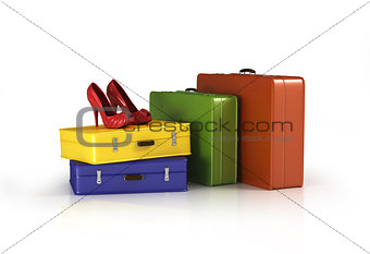 suitcases with red high heel shoes