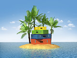 Travel, tourism and vacations concept: travel cases luggage on island with palms and blue sky