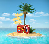 Desert tropical island with palm tree, chaise lounge, suitcase a