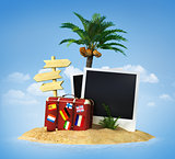 Desert tropical island with palm tree, chaise lounge, suitcase a