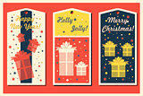 Vintage Christmas and Happy New Year holiday cards set with present boxes. Happy holidays set of tags and bookmarks. Vector illustration.