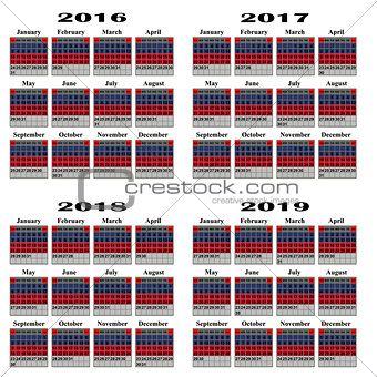 Calendar for 2016,2017,2018, 2019 year.