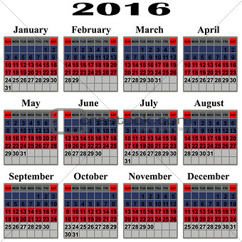 Calendar for 2016 year.