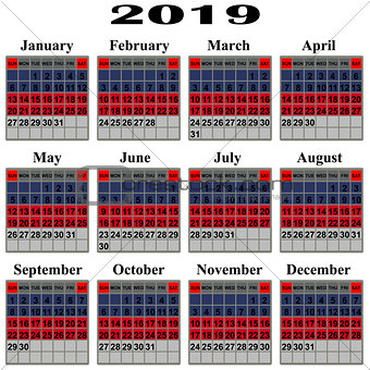 Calendar for 2019 year.