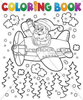 Coloring book Santa Claus in plane