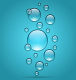 Transparent water droplets on blue background