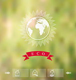 Blurred background with eco badge, ecology label with icons of g