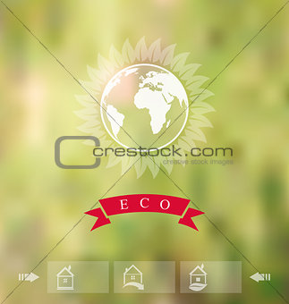 Blurred background with eco badge, ecology label with icons of g