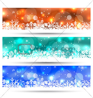 Set Christmas glowing cards with snowflakes
