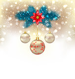 Christmas gliwing background with fir branches, glass balls and 