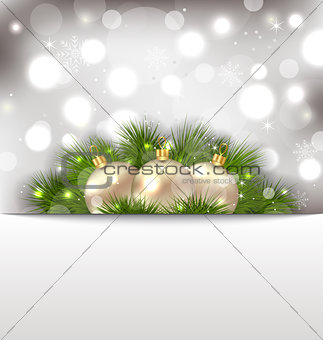 Merry Christmas postcard with fir branches and golden balls