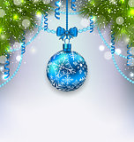 Christmas glass ball, fir branches, streamer, copy space for you