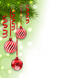 Christmas fir branches and glass balls, copy space for your text